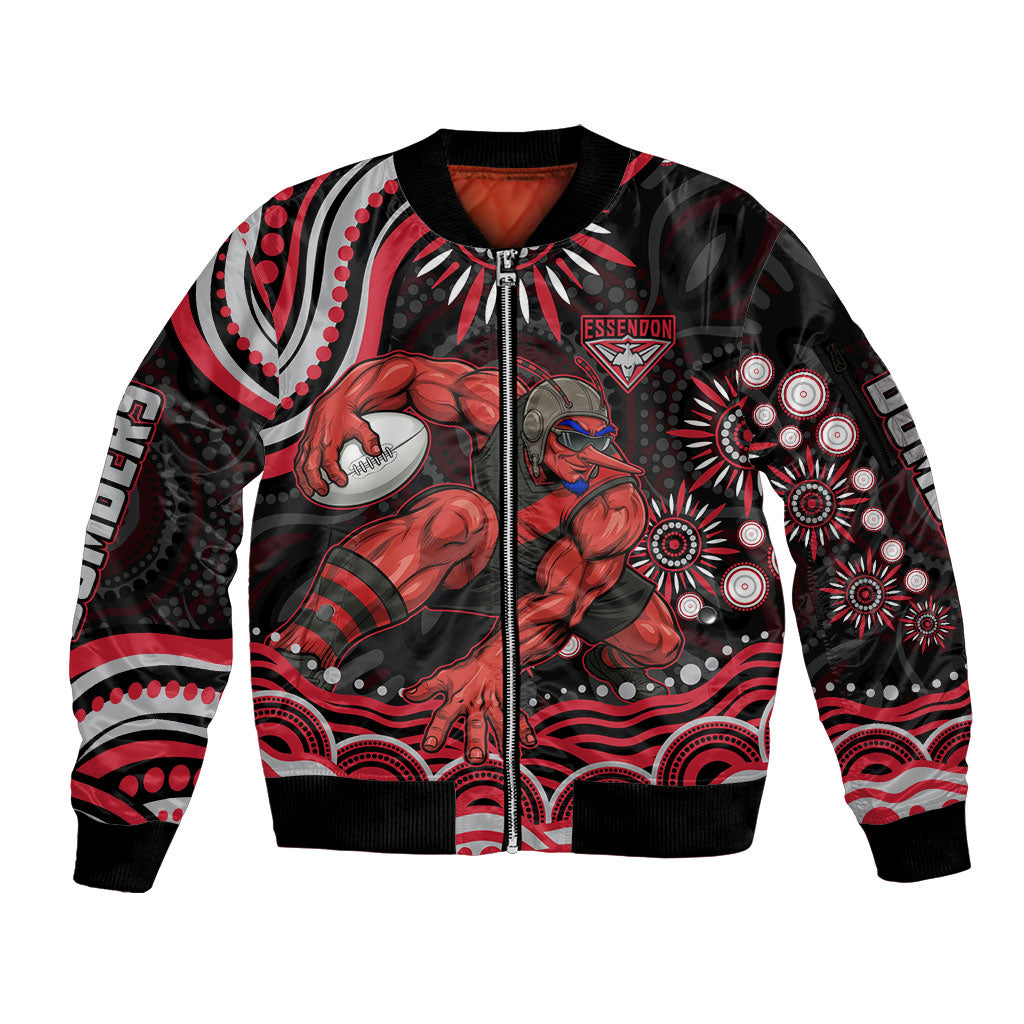 Personalized Essendon Bombers Rugby Sleeve Zip Bomber Jacket Aboriginal Dot Art - Dreamtime Football Mascot