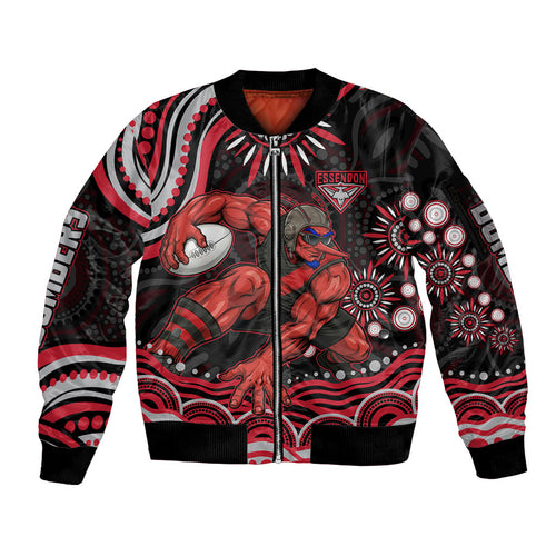 Personalized Essendon Bombers Rugby Sleeve Zip Bomber Jacket Aboriginal Dot Art - Dreamtime Football Mascot