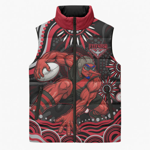 Personalized Essendon Bombers Rugby Sleeveless Puffer Jacket Aboriginal Dot Art - Dreamtime Football Mascot