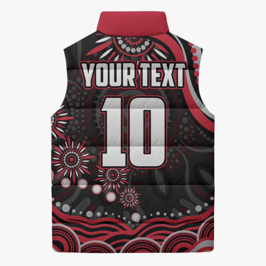 Personalized Essendon Bombers Rugby Sleeveless Puffer Jacket Aboriginal Dot Art - Dreamtime Football Mascot
