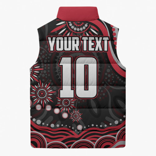 Personalized Essendon Bombers Rugby Sleeveless Puffer Jacket Aboriginal Dot Art - Dreamtime Football Mascot