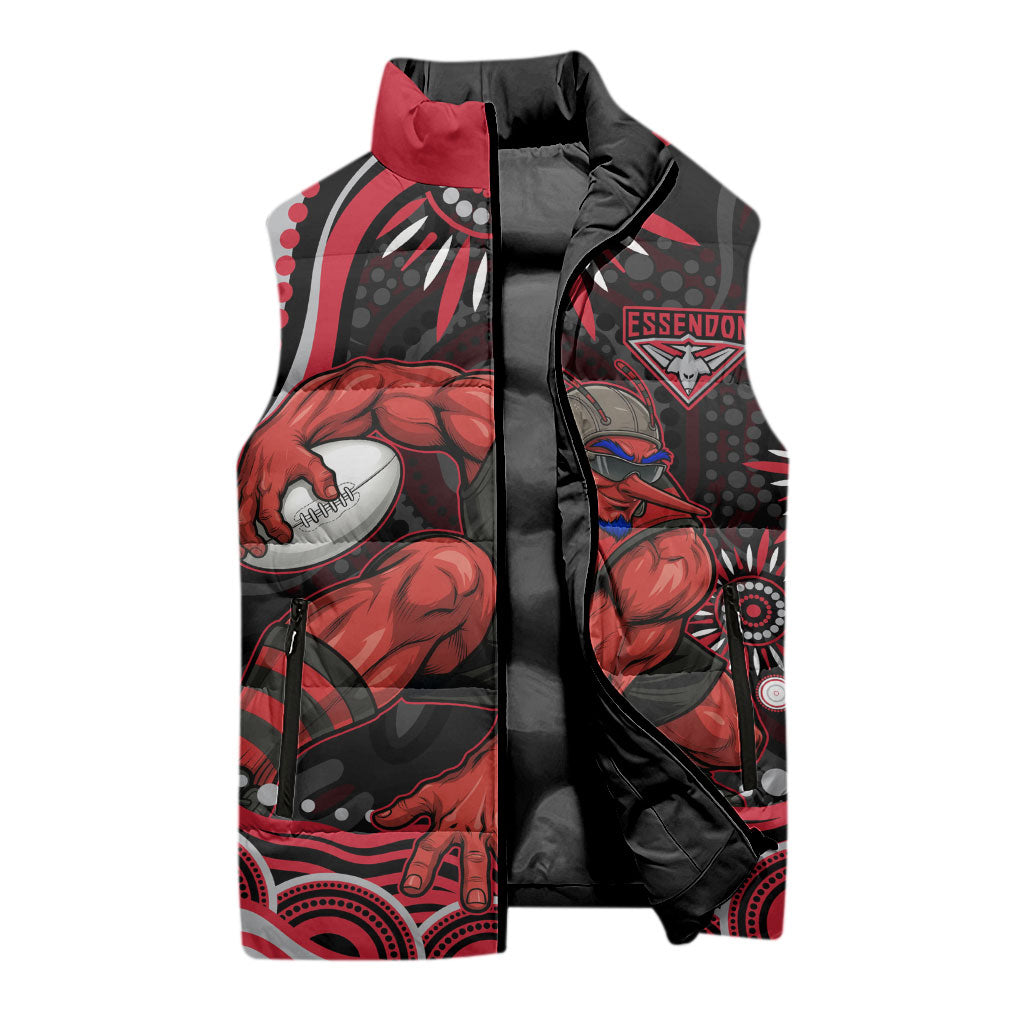 Personalized Essendon Bombers Rugby Sleeveless Puffer Jacket Aboriginal Dot Art - Dreamtime Football Mascot