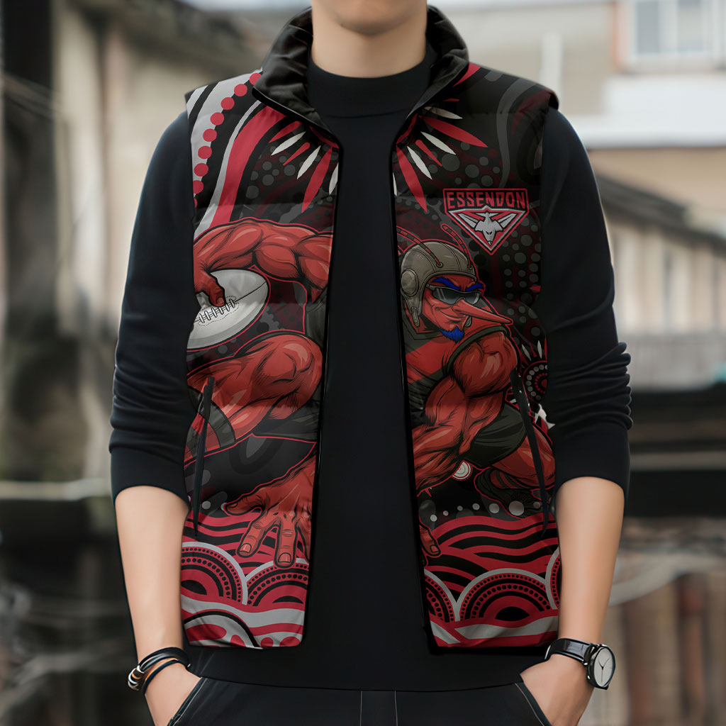 Personalized Essendon Bombers Rugby Sleeveless Puffer Jacket Aboriginal Dot Art - Dreamtime Football Mascot
