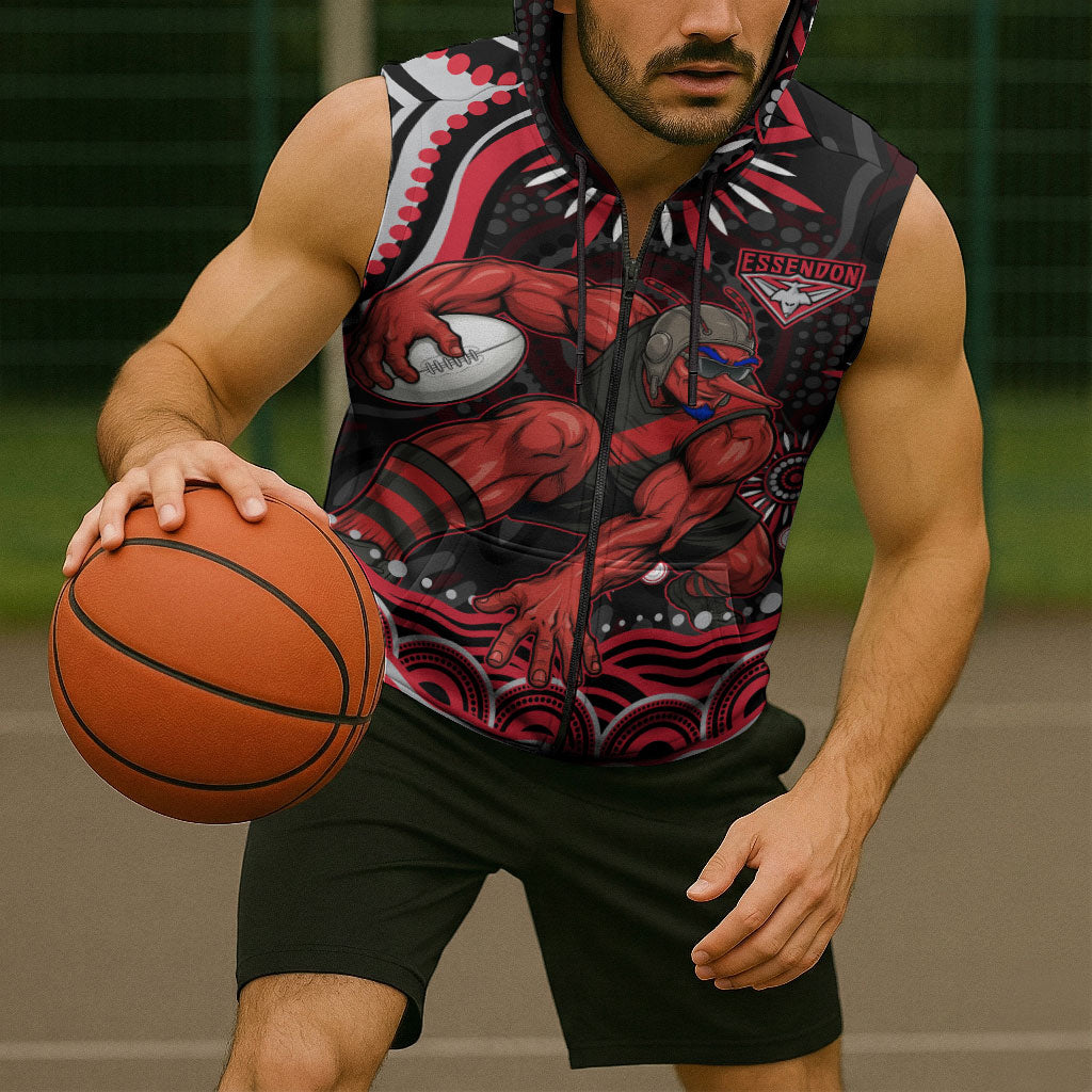 Personalized Essendon Bombers Rugby Sleeveless Zip Hoodie Aboriginal Dot Art - Dreamtime Football Mascot