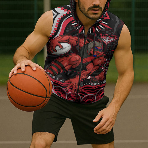 Personalized Essendon Bombers Rugby Sleeveless Zip Hoodie Aboriginal Dot Art - Dreamtime Football Mascot
