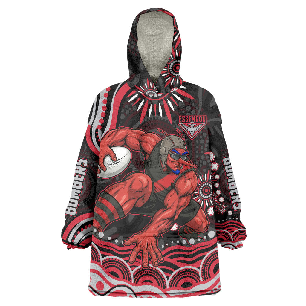 Personalized Essendon Bombers Rugby Wearable Blanket Hoodie Aboriginal Dot Art - Dreamtime Football Mascot