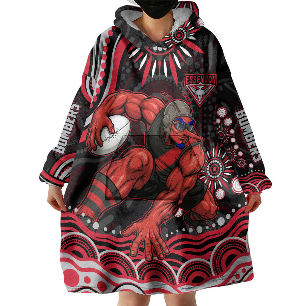 Personalized Essendon Bombers Rugby Wearable Blanket Hoodie Aboriginal Dot Art - Dreamtime Football Mascot