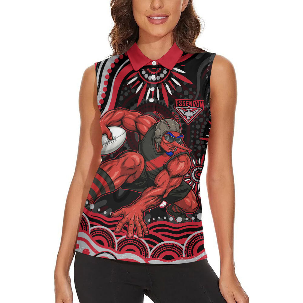 Personalized Essendon Bombers Rugby Women Sleeveless Polo Shirt Aboriginal Dot Art - Dreamtime Football Mascot
