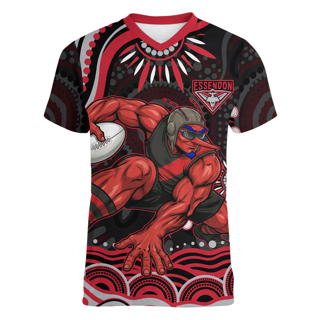 Personalized Essendon Bombers Rugby Women V-Neck T-Shirt Aboriginal Dot Art - Dreamtime Football Mascot