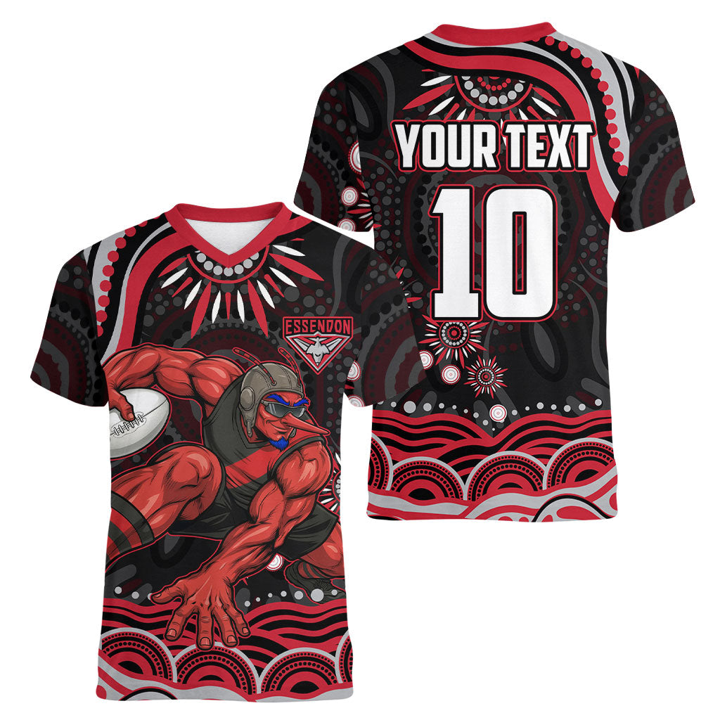 Personalized Essendon Bombers Rugby Women V-Neck T-Shirt Aboriginal Dot Art - Dreamtime Football Mascot