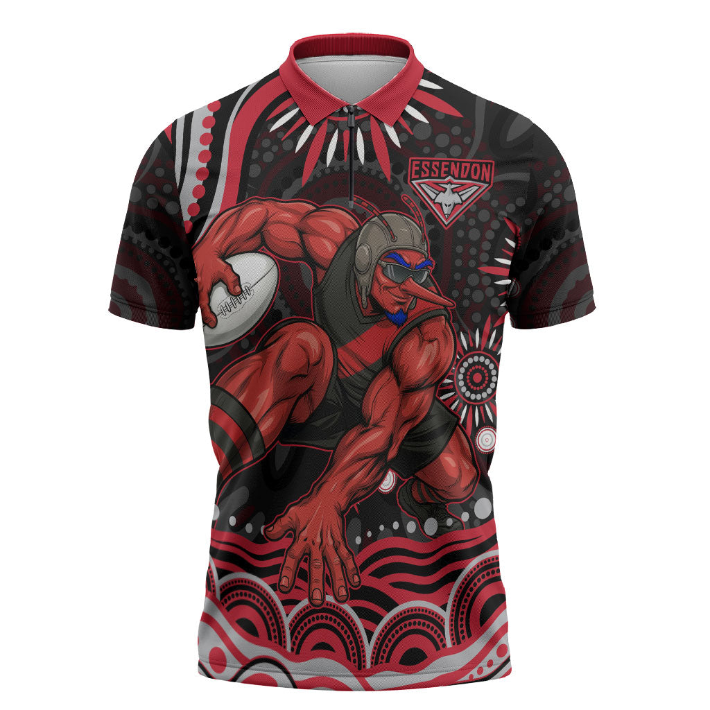 Personalized Essendon Bombers Rugby Zipper Polo Shirt Aboriginal Dot Art - Dreamtime Football Mascot
