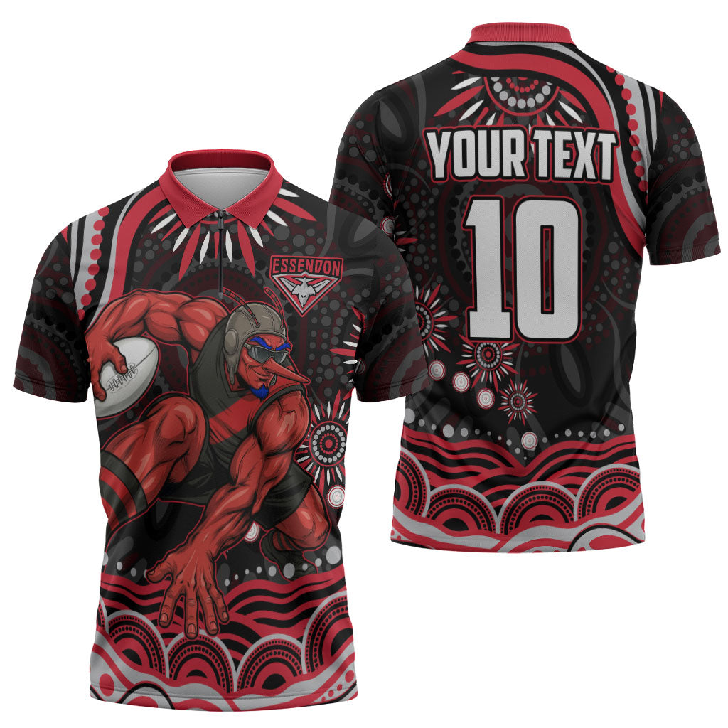 Personalized Essendon Bombers Rugby Zipper Polo Shirt Aboriginal Dot Art - Dreamtime Football Mascot