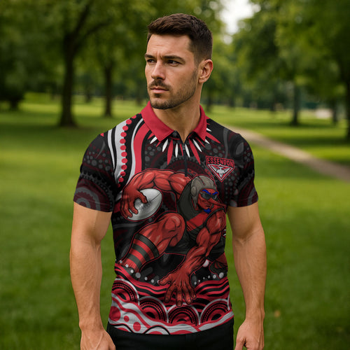 Personalized Essendon Bombers Rugby Zipper Polo Shirt Aboriginal Dot Art - Dreamtime Football Mascot