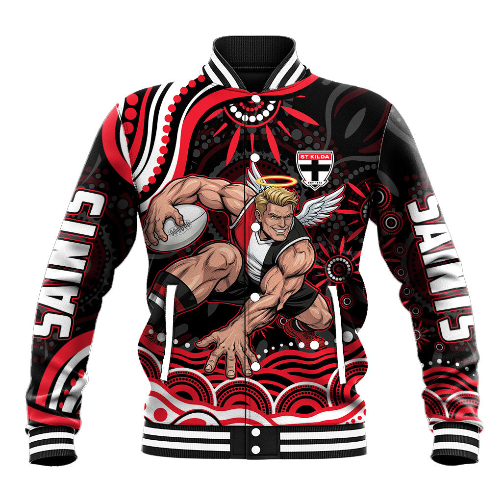 Personalized St Kilda Saints Footy Mascot Baseball Jacket Aboriginal Dot Art - Dreamtime Football Mascot