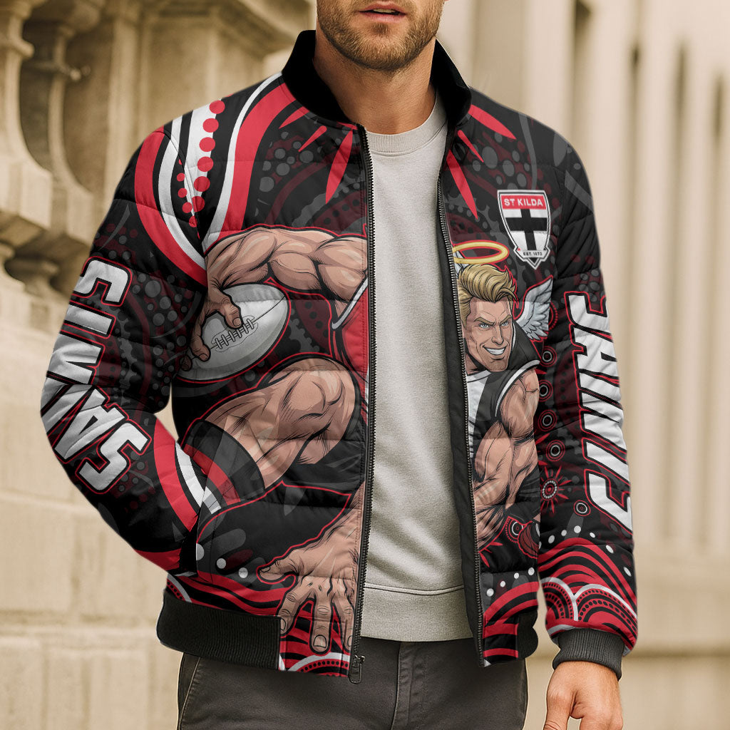 Personalized St Kilda Saints Footy Mascot Bomber Puffer Jacket Aboriginal Dot Art - Dreamtime Football Mascot