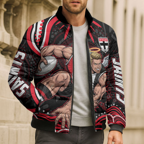 Personalized St Kilda Saints Footy Mascot Bomber Puffer Jacket Aboriginal Dot Art - Dreamtime Football Mascot