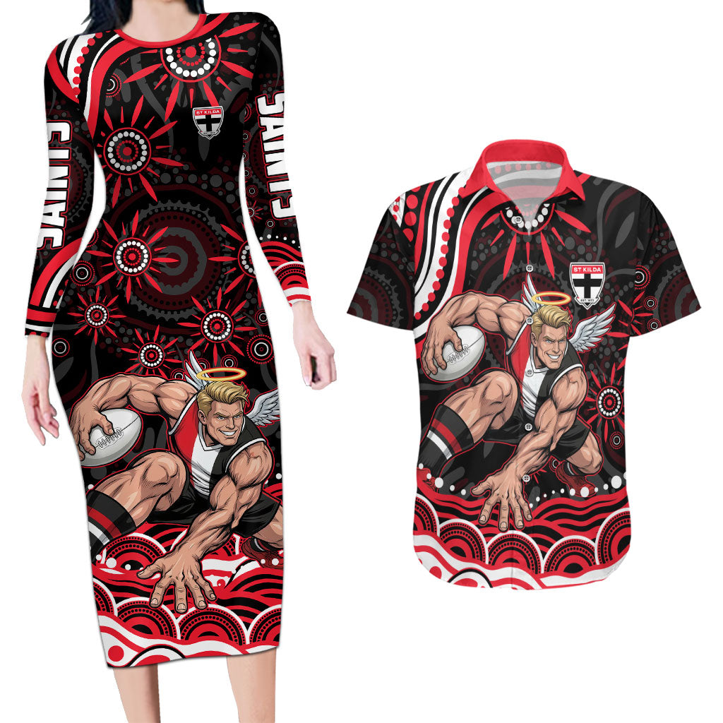 Personalized St Kilda Saints Footy Mascot Couples Matching Long Sleeve Bodycon Dress and Hawaiian Shirt Aboriginal Dot Art - Dreamtime Football Mascot