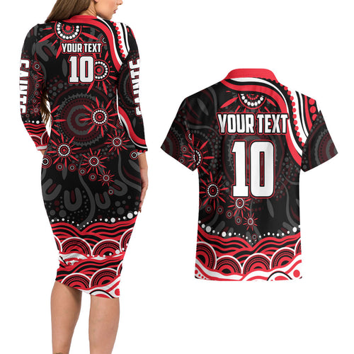 Personalized St Kilda Saints Footy Mascot Couples Matching Long Sleeve Bodycon Dress and Hawaiian Shirt Aboriginal Dot Art - Dreamtime Football Mascot