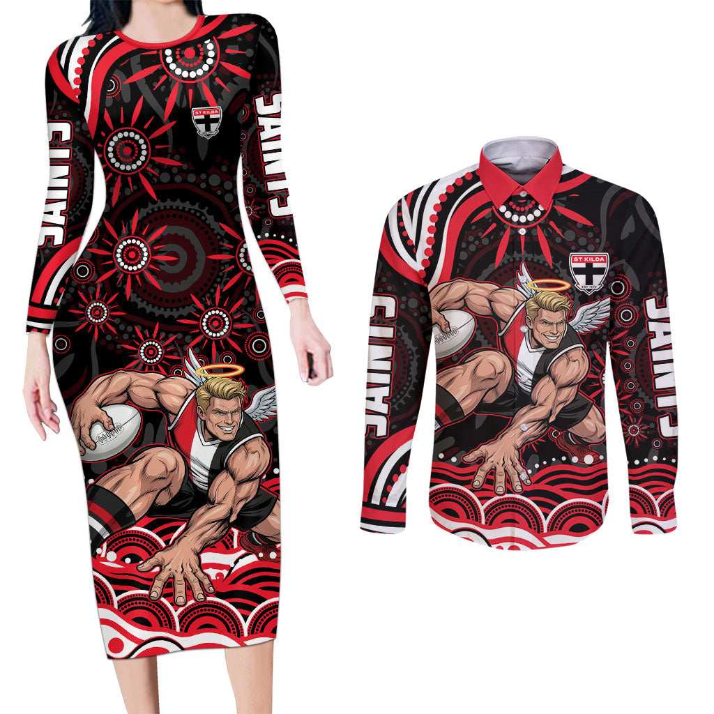 Personalized St Kilda Saints Footy Mascot Couples Matching Long Sleeve Bodycon Dress and Long Sleeve Button Shirt Aboriginal Dot Art - Dreamtime Football Mascot