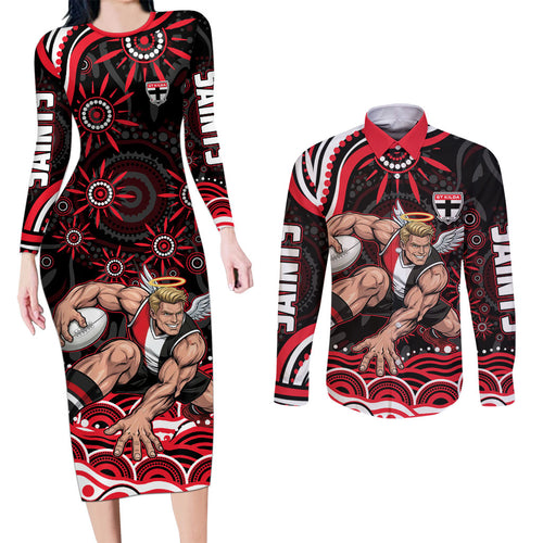 Personalized St Kilda Saints Footy Mascot Couples Matching Long Sleeve Bodycon Dress and Long Sleeve Button Shirt Aboriginal Dot Art - Dreamtime Football Mascot