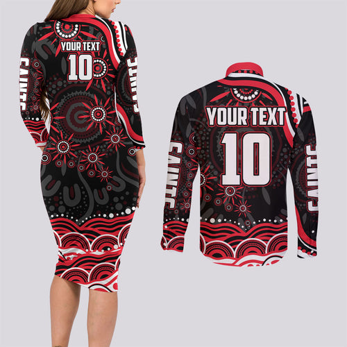 Personalized St Kilda Saints Footy Mascot Couples Matching Long Sleeve Bodycon Dress and Long Sleeve Button Shirt Aboriginal Dot Art - Dreamtime Football Mascot