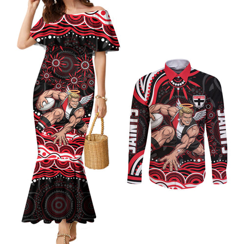 Personalized St Kilda Saints Footy Mascot Couples Matching Mermaid Dress and Long Sleeve Button Shirt Aboriginal Dot Art - Dreamtime Football Mascot
