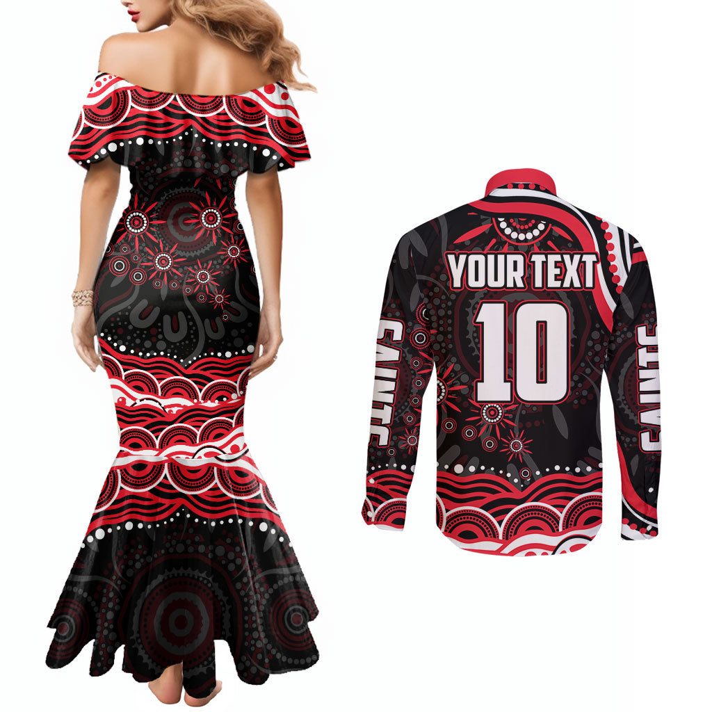 Personalized St Kilda Saints Footy Mascot Couples Matching Mermaid Dress and Long Sleeve Button Shirt Aboriginal Dot Art - Dreamtime Football Mascot