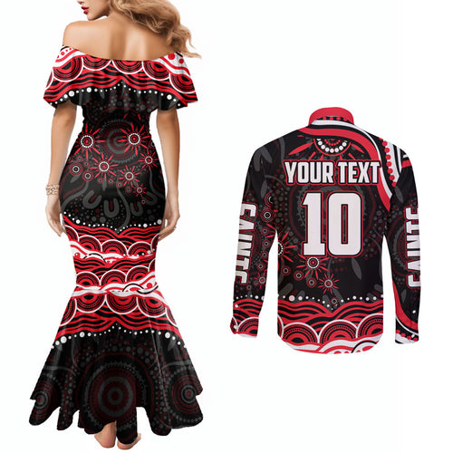 Personalized St Kilda Saints Footy Mascot Couples Matching Mermaid Dress and Long Sleeve Button Shirt Aboriginal Dot Art - Dreamtime Football Mascot