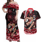 Personalized St Kilda Saints Footy Mascot Couples Matching Off Shoulder Maxi Dress and Hawaiian Shirt Aboriginal Dot Art - Dreamtime Football Mascot