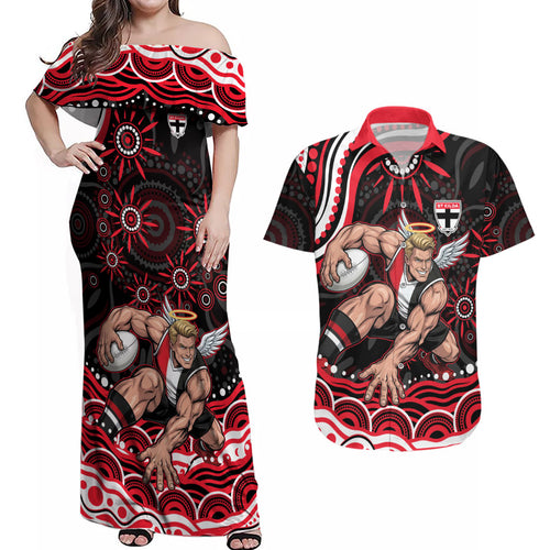 Personalized St Kilda Saints Footy Mascot Couples Matching Off Shoulder Maxi Dress and Hawaiian Shirt Aboriginal Dot Art - Dreamtime Football Mascot