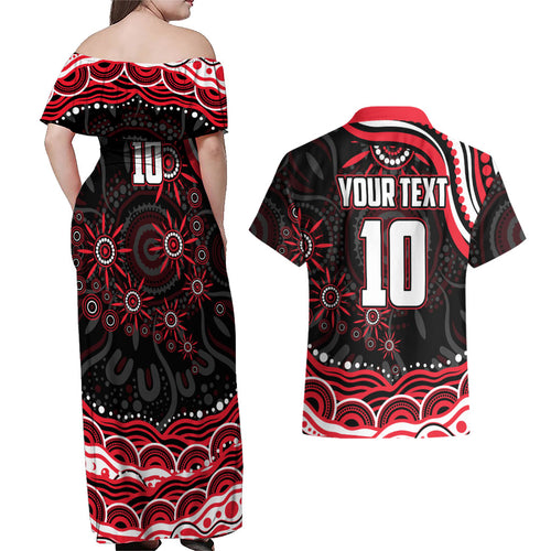 Personalized St Kilda Saints Footy Mascot Couples Matching Off Shoulder Maxi Dress and Hawaiian Shirt Aboriginal Dot Art - Dreamtime Football Mascot