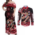 Personalized St Kilda Saints Footy Mascot Couples Matching Off Shoulder Maxi Dress and Long Sleeve Button Shirt Aboriginal Dot Art - Dreamtime Football Mascot