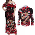 Personalized St Kilda Saints Footy Mascot Couples Matching Off Shoulder Maxi Dress and Long Sleeve Button Shirt Aboriginal Dot Art - Dreamtime Football Mascot