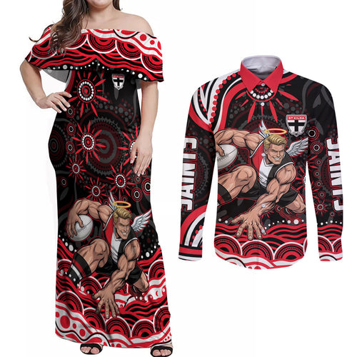 Personalized St Kilda Saints Footy Mascot Couples Matching Off Shoulder Maxi Dress and Long Sleeve Button Shirt Aboriginal Dot Art - Dreamtime Football Mascot