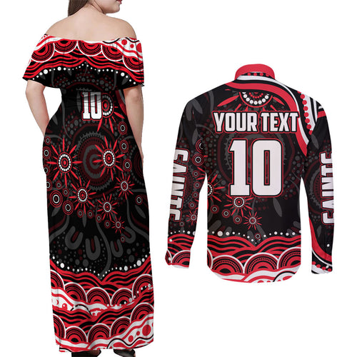 Personalized St Kilda Saints Footy Mascot Couples Matching Off Shoulder Maxi Dress and Long Sleeve Button Shirt Aboriginal Dot Art - Dreamtime Football Mascot