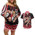 Personalized St Kilda Saints Footy Mascot Couples Matching Off Shoulder Short Dress and Hawaiian Shirt Aboriginal Dot Art - Dreamtime Football Mascot