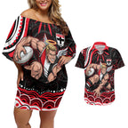 Personalized St Kilda Saints Footy Mascot Couples Matching Off Shoulder Short Dress and Hawaiian Shirt Aboriginal Dot Art - Dreamtime Football Mascot