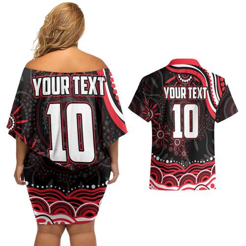 Personalized St Kilda Saints Footy Mascot Couples Matching Off Shoulder Short Dress and Hawaiian Shirt Aboriginal Dot Art - Dreamtime Football Mascot