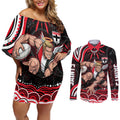 Personalized St Kilda Saints Footy Mascot Couples Matching Off Shoulder Short Dress and Long Sleeve Button Shirt Aboriginal Dot Art - Dreamtime Football Mascot