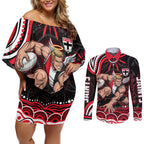 Personalized St Kilda Saints Footy Mascot Couples Matching Off Shoulder Short Dress and Long Sleeve Button Shirt Aboriginal Dot Art - Dreamtime Football Mascot
