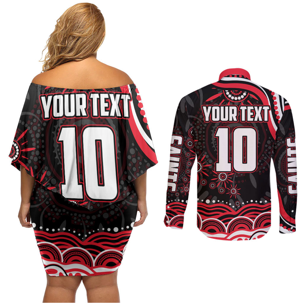 Personalized St Kilda Saints Footy Mascot Couples Matching Off Shoulder Short Dress and Long Sleeve Button Shirt Aboriginal Dot Art - Dreamtime Football Mascot