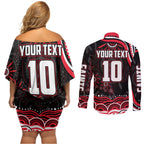 Personalized St Kilda Saints Footy Mascot Couples Matching Off Shoulder Short Dress and Long Sleeve Button Shirt Aboriginal Dot Art - Dreamtime Football Mascot