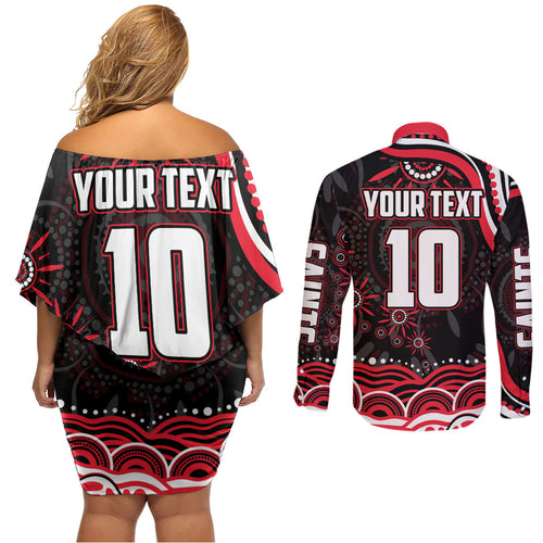 Personalized St Kilda Saints Footy Mascot Couples Matching Off Shoulder Short Dress and Long Sleeve Button Shirt Aboriginal Dot Art - Dreamtime Football Mascot