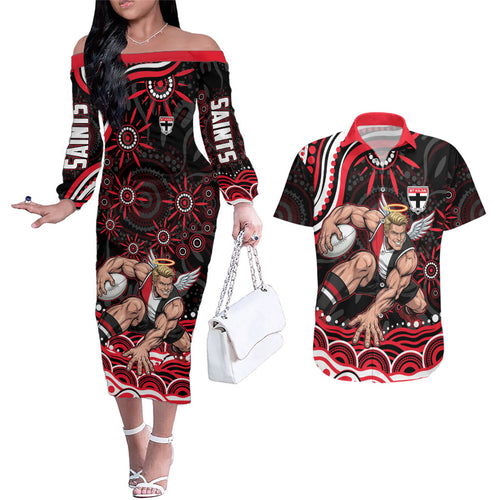 Personalized St Kilda Saints Footy Mascot Couples Matching Off The Shoulder Long Sleeve Dress and Hawaiian Shirt Aboriginal Dot Art - Dreamtime Football Mascot