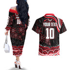 Personalized St Kilda Saints Footy Mascot Couples Matching Off The Shoulder Long Sleeve Dress and Hawaiian Shirt Aboriginal Dot Art - Dreamtime Football Mascot