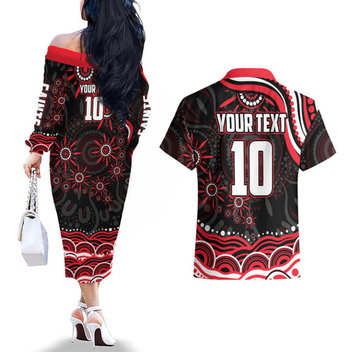 Personalized St Kilda Saints Footy Mascot Couples Matching Off The Shoulder Long Sleeve Dress and Hawaiian Shirt Aboriginal Dot Art - Dreamtime Football Mascot