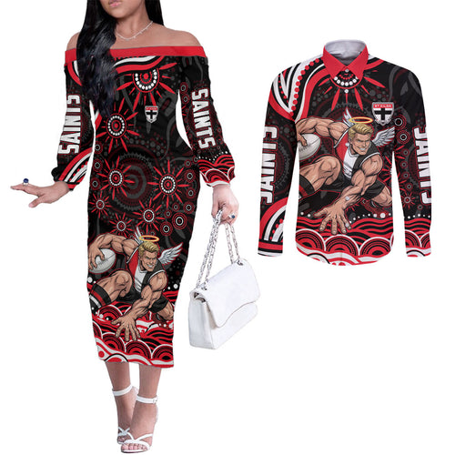 Personalized St Kilda Saints Footy Mascot Couples Matching Off The Shoulder Long Sleeve Dress and Long Sleeve Button Shirt Aboriginal Dot Art - Dreamtime Football Mascot