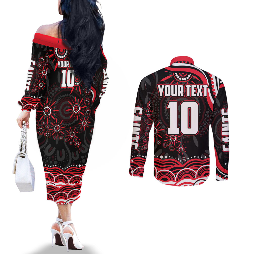 Personalized St Kilda Saints Footy Mascot Couples Matching Off The Shoulder Long Sleeve Dress and Long Sleeve Button Shirt Aboriginal Dot Art - Dreamtime Football Mascot