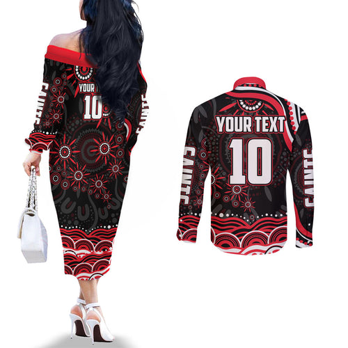 Personalized St Kilda Saints Footy Mascot Couples Matching Off The Shoulder Long Sleeve Dress and Long Sleeve Button Shirt Aboriginal Dot Art - Dreamtime Football Mascot