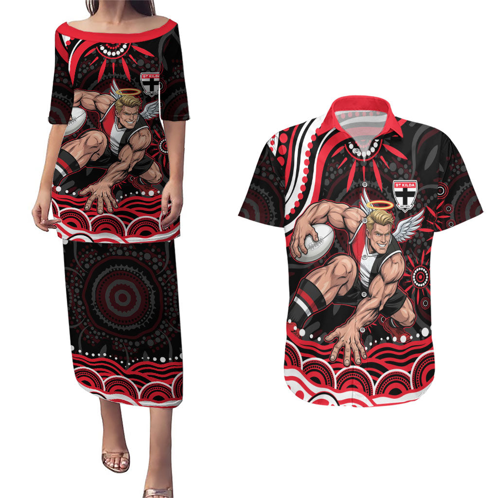 Personalized St Kilda Saints Footy Mascot Couples Matching Puletasi and Hawaiian Shirt Aboriginal Dot Art - Dreamtime Football Mascot
